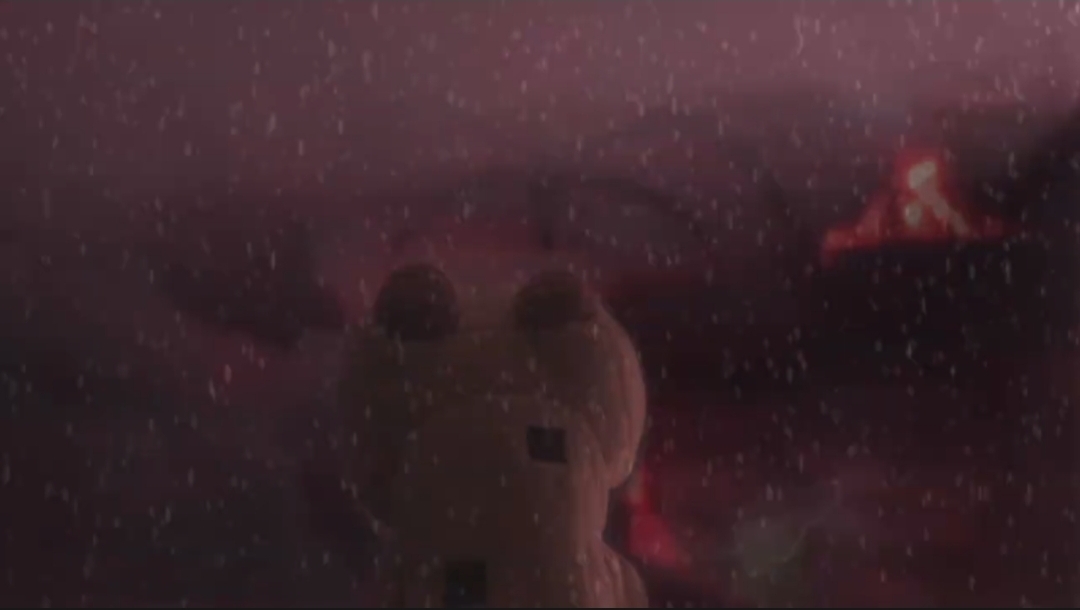 Plush character in heavy rain during the storm