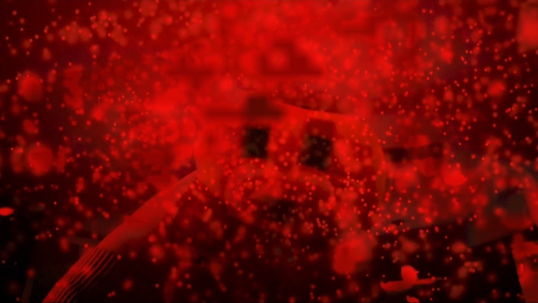 Plush kitty engulfed in red particles